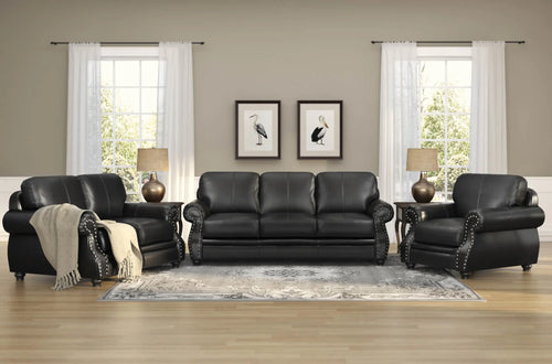 Sunset Trading Charleston 3 Piece Top Grain Leather Living Room Set | Black Rolled Arm Sofa Loveseat and Chair with Nailheads