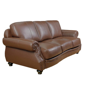 Sunset Trading Charleston 3 Piece Top Grain Leather Living Room Set | Chestnut Brown Rolled Arm Sofa Loveseat and Chair with Nailheads