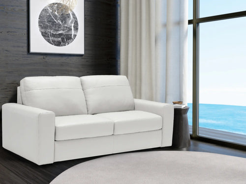Sunset Trading Divine Leather Sofa Sleeper | White | 3 Seater Couch with Full Size Pull Out Mattress