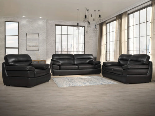 Sunset Trading Jayson 3 Piece Top Grain Leather Living Room Set | Black Sofa Loveseat and Chair
