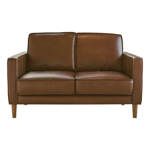 Sunset Trading Prelude 55" Wide Top Grain Leather Loveseat | Chestnut Brown | Mid Century Modern Small Couch