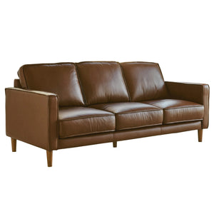 Sunset Trading Prelude 3 Piece Top Grain Leather Living Room Set | Chestnut Brown | Mid Century Modern Sofa Loveseat and Chair