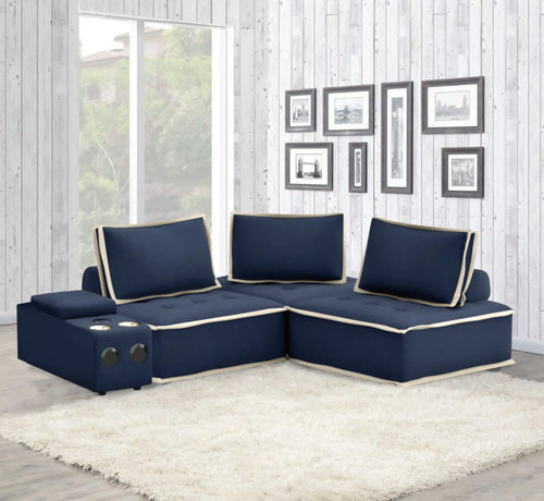 Sunset Trading Pixie 4 Piece Sofa Sectional | Modular Couch | Bluetooth Speaker Console Outlets USB Storage Cupholders | Navy Blue and Cream Fabric
