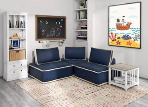 Sunset Trading Pixie 3 Piece Sofa Sectional | Modular Couch | Navy Blue and Cream Fabric