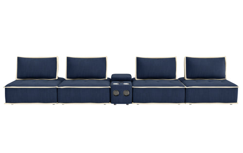 Sunset Trading Pixie 5 Piece Sofa Sectional | Modular Couch | Bluetooth Speaker Console Outlets USB Storage Cupholders | Navy Blue and Cream Fabric