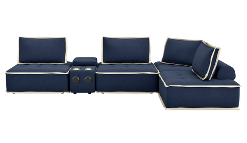 Sunset Trading Pixie 5 Piece Sofa Sectional | L Shaped Modular Couch | Bluetooth Speaker Console Outlets USB Storage Cupholders | Navy Blue and Cream Fabric