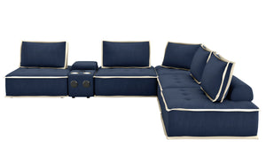 Sunset Trading Pixie 6 Piece Sofa Sectional | Modular Couch | Bluetooth Speaker Console Outlets USB Storage Cupholders | Navy Blue and Cream Fabric