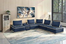 Load image into Gallery viewer, Sunset Trading Pixie 6 Piece Sofa Sectional | Modular Couch | Bluetooth Speaker Console Outlets USB Storage Cupholders | Navy Blue and Cream Fabric