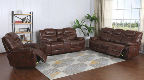 Sunset Trading Diamond Power 3 Piece Reclining Living Room Set | Sofa, Loveseat, Chair | Center Console | Brown Leather Gel