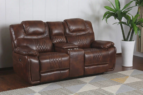 Sunset Trading Diamond Power Dual Reclining Loveseat| Center Console with Cup Holders |Brown Leather Gel