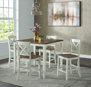 Sunset Trading Carriage 5 Piece 42" Square Pub Set | Counter Height Dining Table | White and Walnut Wood Seat | 4 X-Back Stools