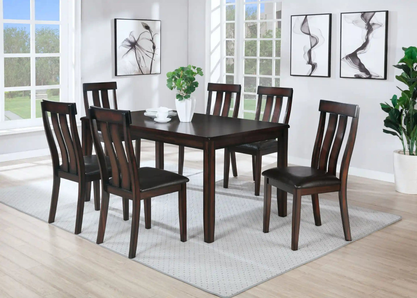 Sunset Trading Boller 7 Piece Dining Set | Rectangular Table | Solid Burnished Brown Wood | Seats 6 | Upholstered Side Chairs
